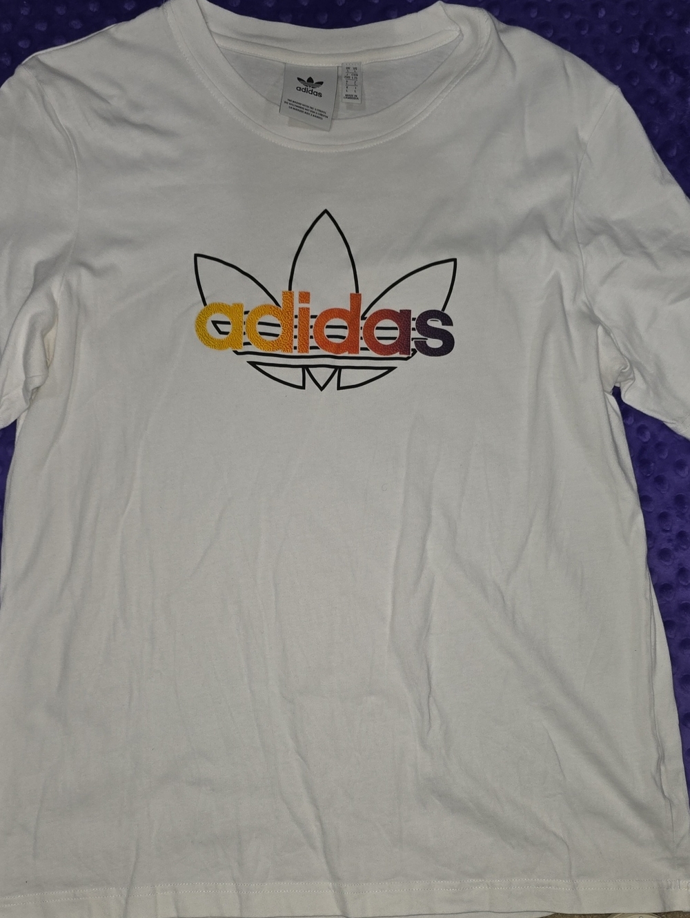 adidas White Short Sleeve Tee with Yellow-Orange-Purple Gradient Logo